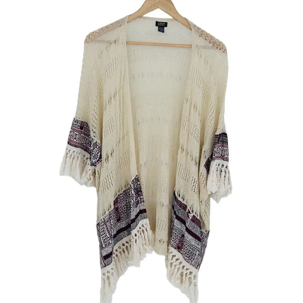 Rolfe accessories cream and burgundy detail boho open sweater cardigan